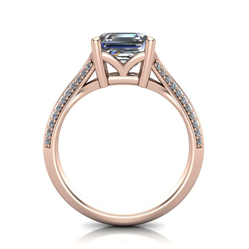 Cecilia asscher split shank engagement ring in 18K Rose Gold with micro-pavé band, through-finger front profile showing the split gallery