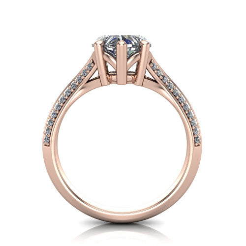 Cecilia heart split shank engagement ring in 18K Rose Gold with micro-pavé band, through-finger front profile showing the split gallery