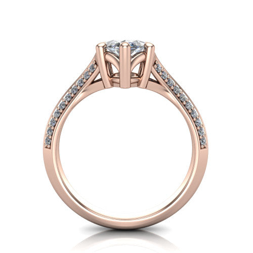 Cecilia marquise split shank engagement ring in 18K Rose Gold with micro-pavé band, through-finger front profile showing the split gallery