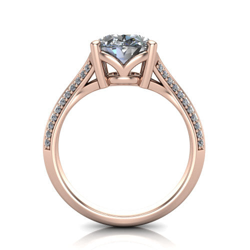 Cecilia oval split shank engagement ring in 18K Rose Gold with micro-pavé band, through-finger front profile showing the split gallery