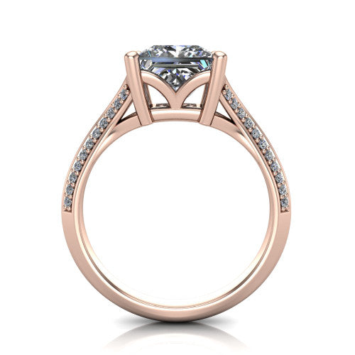 Cecilia princess split shank engagement ring in 18K Rose Gold with micro-pavé band, through-finger front profile showing the split gallery
