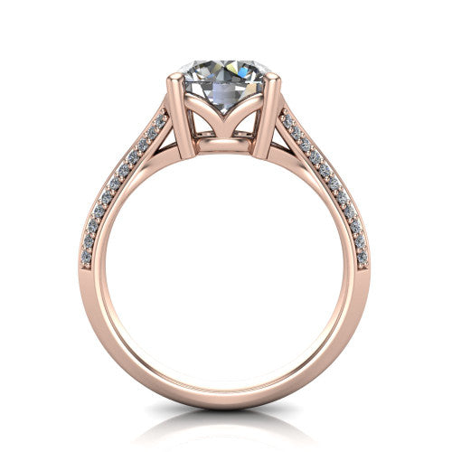 Cecilia round split shank engagement ring in 14K Rose Gold with micro-pavé band, through-finger front profile showing the split gallery