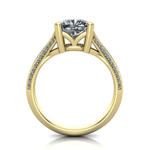 Cecilia cushion split shank engagement ring in 18K Yellow Gold with micro-pavé band, through-finger front profile showing the split gallery