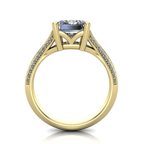 Cecilia emerald split shank engagement ring in 18K Yellow Gold with micro-pavé band, through-finger front profile showing the split gallery