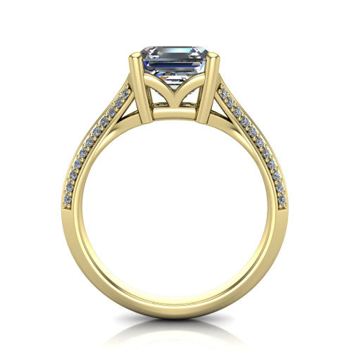 Cecilia asscher split shank engagement ring in 14K Yellow Gold with micro-pavé band, through-finger front profile showing the split gallery