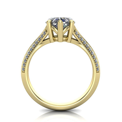 Cecilia heart split shank engagement ring in 14K Yellow Gold with micro-pavé band, through-finger front profile showing the split gallery