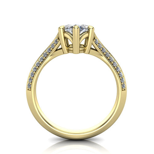 Cecilia marquise split shank engagement ring in 14K Yellow Gold with micro-pavé band, through-finger front profile showing the split gallery