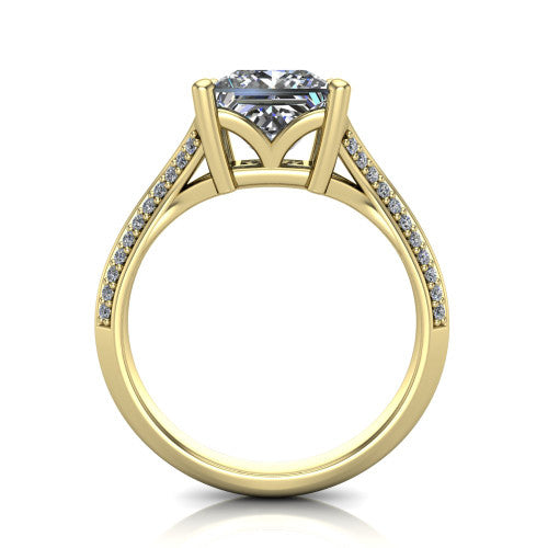 Cecilia princess split shank engagement ring in 18K Yellow Gold with micro-pavé band, through-finger front profile showing the split gallery