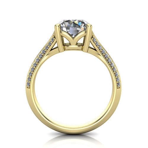 Cecilia round split shank engagement ring in 14K Yellow Gold with micro-pavé band, through-finger front profile showing the split gallery
