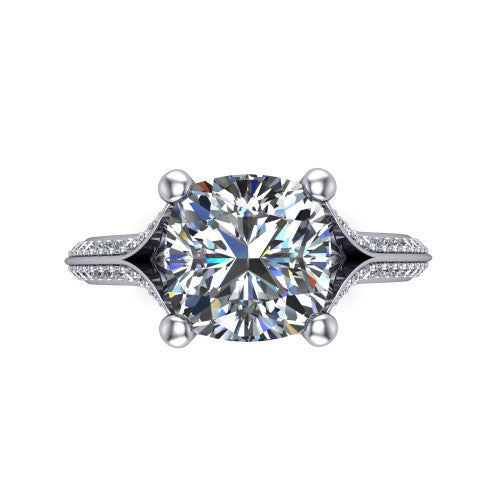 Cecilia cushion split shank engagement ring in Platinum with micro-pavé band, top-down view of the four-prong center and pavé split shank