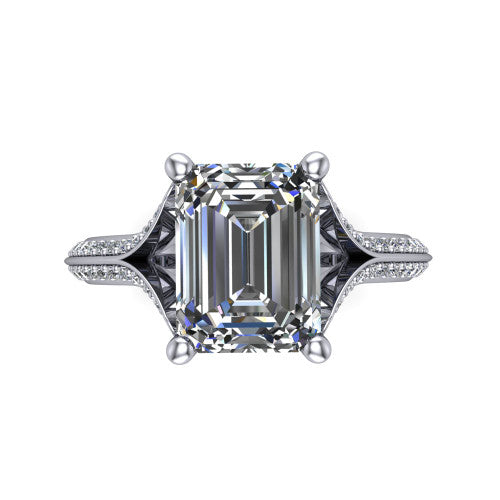 Cecilia emerald split shank engagement ring in 14K White Gold with micro-pavé band, top-down view of the four-prong center and pavé split shank