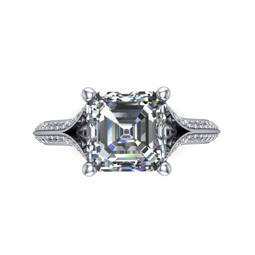 Cecilia asscher split shank engagement ring in Platinum with micro-pavé band, top-down view of the four-prong center and pavé split shank