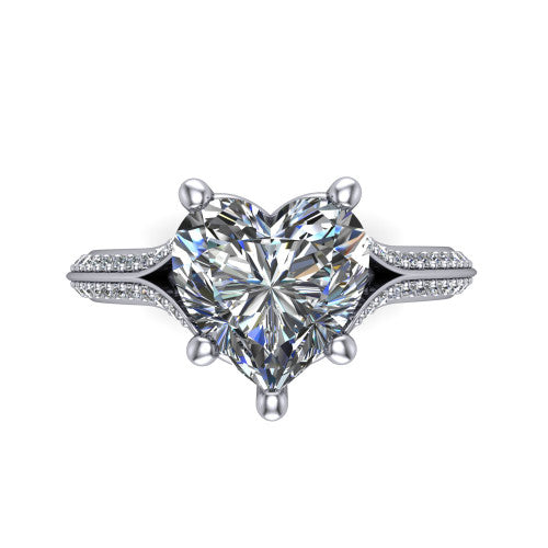 Cecilia heart split shank engagement ring in Platinum with micro-pavé band, top-down view of the four-prong center and pavé split shank