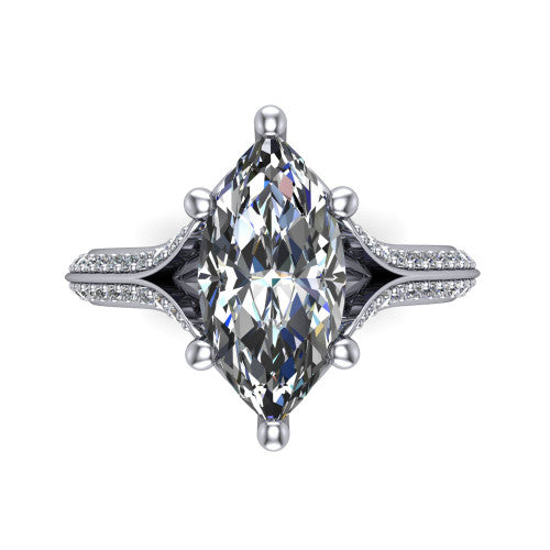 Cecilia marquise split shank engagement ring in 18K White Gold with micro-pavé band, top-down view of the four-prong center and pavé split shank