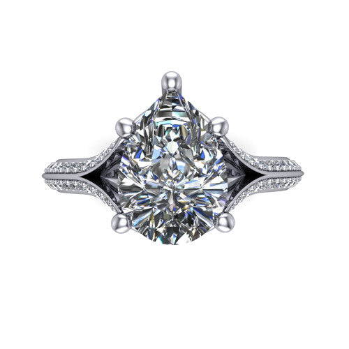 Cecilia pear split shank engagement ring in Platinum with micro-pavé band, top-down view of the four-prong center and pavé split shank