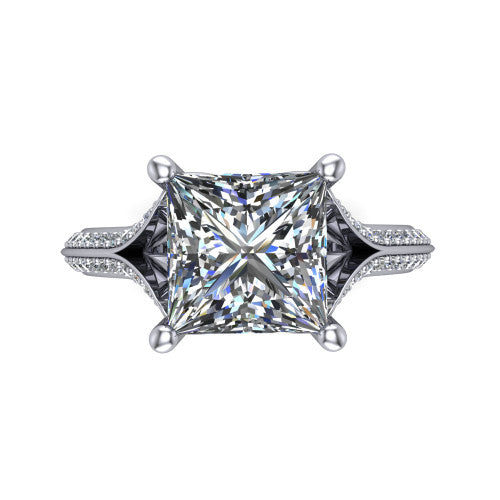 Cecilia princess split shank engagement ring in Platinum with micro-pavé band, top-down view of the four-prong center and pavé split shank