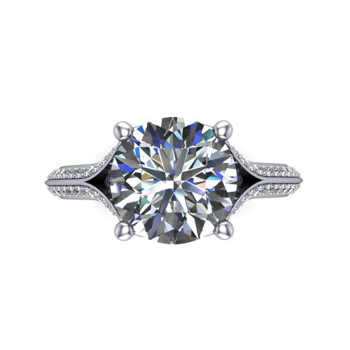 Cecilia round split shank engagement ring in 18K White Gold with micro-pavé band, top-down view of the four-prong center and pavé split shank
