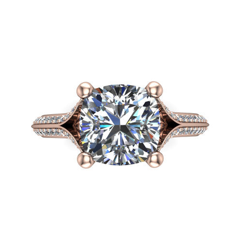 Cecilia cushion split shank engagement ring in 18K Rose Gold with micro-pavé band, top-down view of the four-prong center and pavé split shank