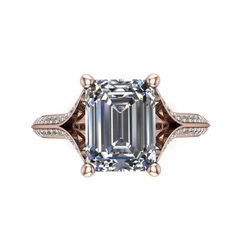 Cecilia emerald split shank engagement ring in 14K Rose Gold with micro-pavé band, top-down view of the four-prong center and pavé split shank