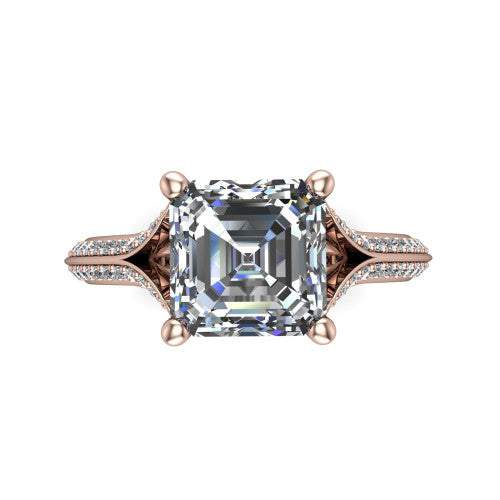 Cecilia asscher split shank engagement ring in 14K Rose Gold with micro-pavé band, top-down view of the four-prong center and pavé split shank