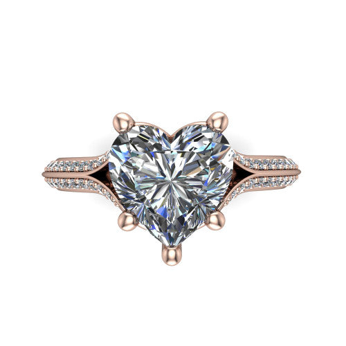 Cecilia heart split shank engagement ring in 18K Rose Gold with micro-pavé band, top-down view of the four-prong center and pavé split shank
