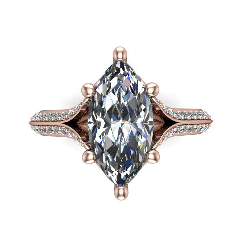 Cecilia marquise split shank engagement ring in 18K Rose Gold with micro-pavé band, top-down view of the four-prong center and pavé split shank