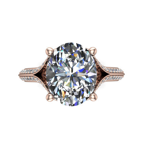 Cecilia oval split shank engagement ring in 18K Rose Gold with micro-pavé band, top-down view of the four-prong center and pavé split shank