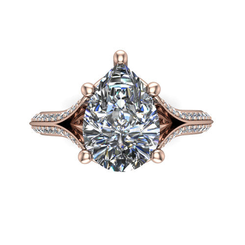 Cecilia pear split shank engagement ring in 18K Rose Gold with micro-pavé band, top-down view of the four-prong center and pavé split shank