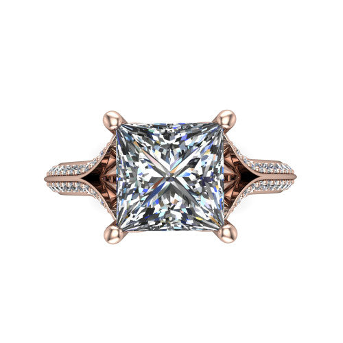 Cecilia princess split shank engagement ring in 14K Rose Gold with micro-pavé band, top-down view of the four-prong center and pavé split shank