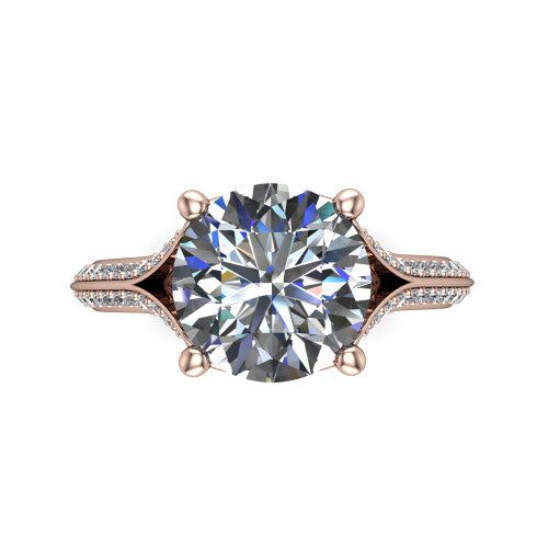 Cecilia round split shank engagement ring in 18K Rose Gold with micro-pavé band, top-down view of the four-prong center and pavé split shank