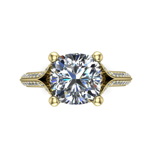 Cecilia cushion split shank engagement ring in 18K Yellow Gold with micro-pavé band, top-down view of the four-prong center and pavé split shank
