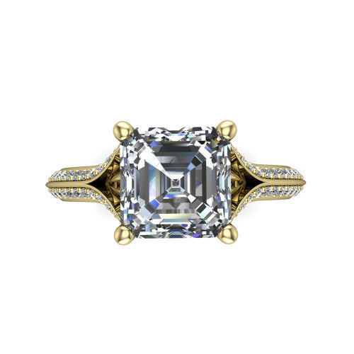 Cecilia asscher split shank engagement ring in 14K Yellow Gold with micro-pavé band, top-down view of the four-prong center and pavé split shank