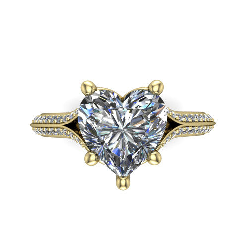 Cecilia heart split shank engagement ring in 18K Yellow Gold with micro-pavé band, top-down view of the four-prong center and pavé split shank