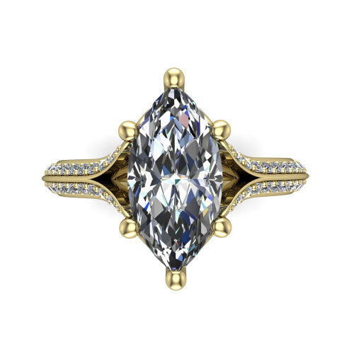 Cecilia marquise split shank engagement ring in 18K Yellow Gold with micro-pavé band, top-down view of the four-prong center and pavé split shank
