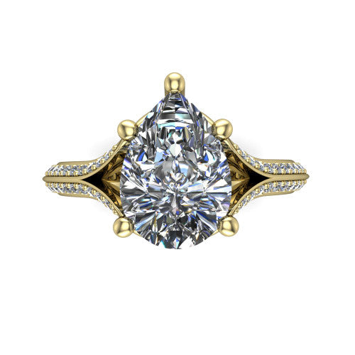 Cecilia pear split shank engagement ring in 14K Yellow Gold with micro-pavé band, top-down view of the four-prong center and pavé split shank