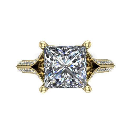 Cecilia princess split shank engagement ring in 14K Yellow Gold with micro-pavé band, top-down view of the four-prong center and pavé split shank