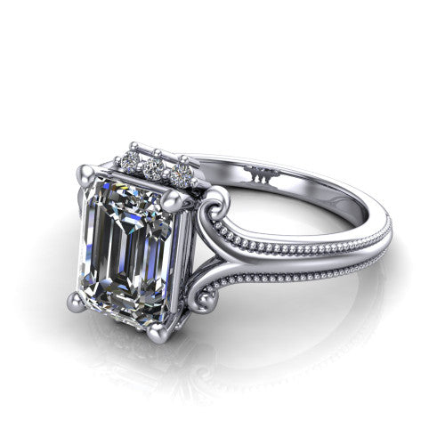 Valeria Emerald Shape Halo Engagement Ring in 14K White Gold