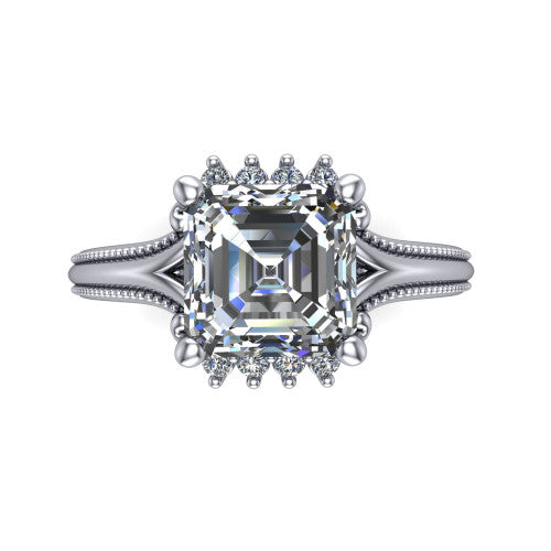 Valeria Square Emerald Shape Halo Engagement Ring in 14K White Gold