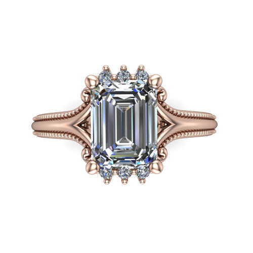 Valeria Emerald Shape Halo Engagement Ring in 14K Rose Gold