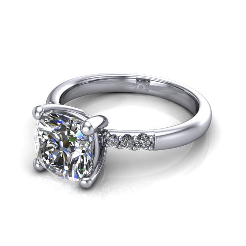 Rebecca cushion solitaire engagement ring in 18K White Gold with pavé shoulder accents, three-quarter perspective view