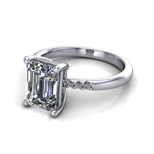 Rebecca emerald solitaire engagement ring in 18K White Gold with pavé shoulder accents, three-quarter perspective view