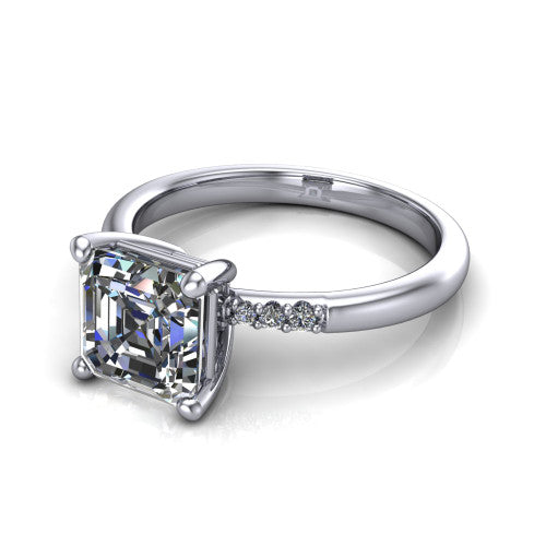 Rebecca asscher solitaire engagement ring in 14K White Gold with pavé shoulder accents, three-quarter perspective view