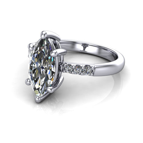 Rebecca marquise solitaire engagement ring in 14K White Gold with pavé shoulder accents, three-quarter perspective view