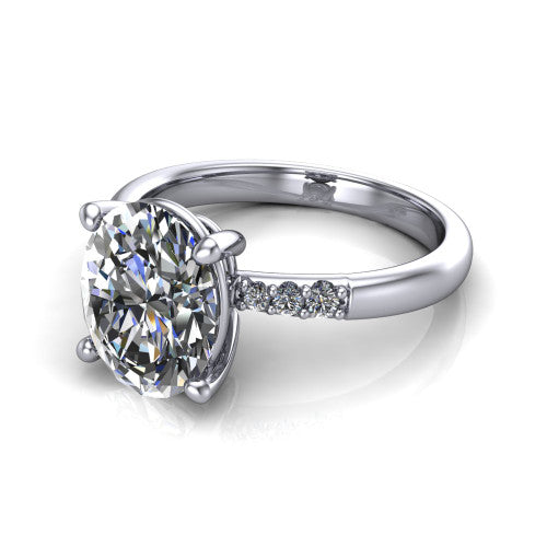 Rebecca oval solitaire engagement ring in 14K White Gold with pavé shoulder accents, three-quarter perspective view