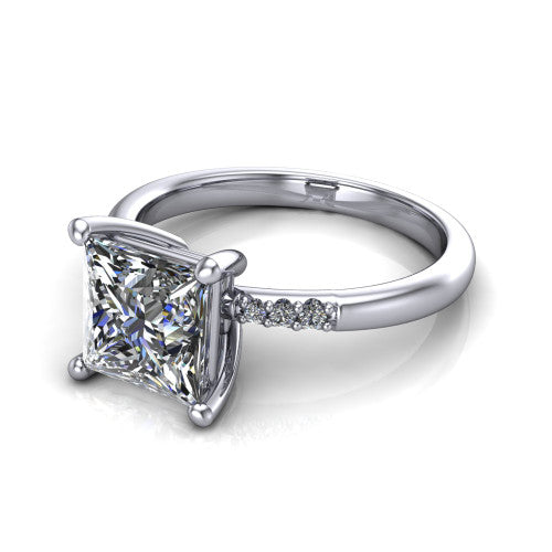 Rebecca princess solitaire engagement ring in 14K White Gold with pavé shoulder accents, three-quarter perspective view