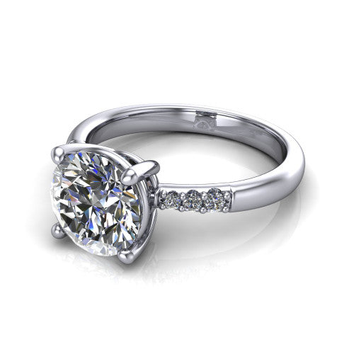 Rebecca round solitaire engagement ring in Platinum with pavé shoulder accents, three-quarter perspective view