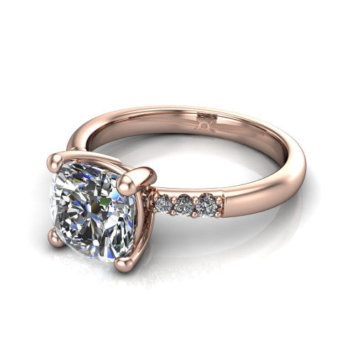 Rebecca cushion solitaire engagement ring in 14K Rose Gold with pavé shoulder accents, three-quarter perspective view