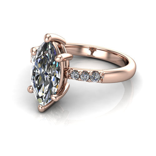 Rebecca marquise solitaire engagement ring in 18K Rose Gold with pavé shoulder accents, three-quarter perspective view