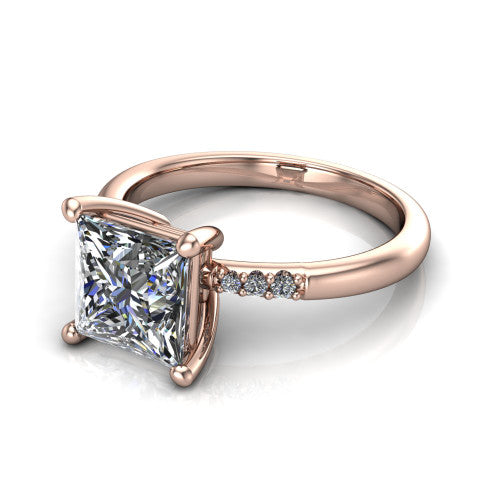 Rebecca princess solitaire engagement ring in 14K Rose Gold with pavé shoulder accents, three-quarter perspective view