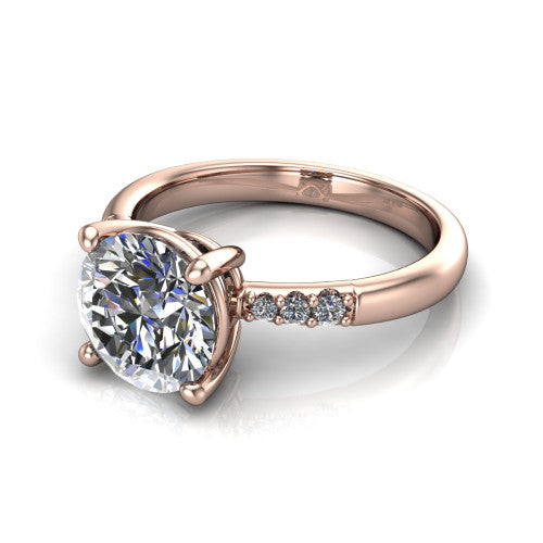 Rebecca round solitaire engagement ring in 18K Rose Gold with pavé shoulder accents, three-quarter perspective view